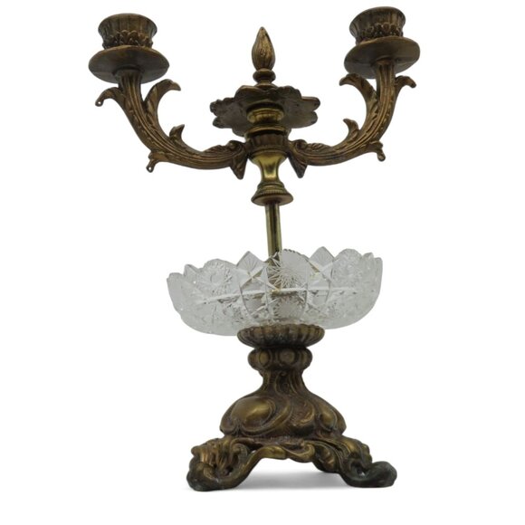CANDELABRA Brass and Glass Two-Arm Candle Holder With Ornate Detailing Vintage - Picture 1 of 9